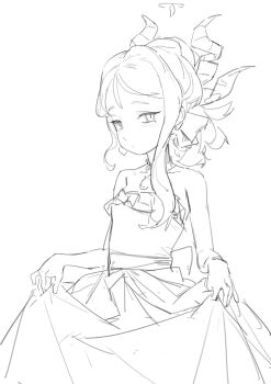 Rule 34 | 1girl, back bow, blue archive, bow, collarbone, dress, earrings, expressionless, frilled dress, frills, hair up, halo, hashcurantodash, highres, hina (blue archive), hina (dress) (blue archive), horns, jewelry, jitome, looking at viewer, looking to the side, monochrome, necklace, official alternate costume, single sidelock, skirt hold, strapless, strapless dress