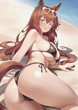 1girl absurdres animal_ears aqua_eyes ass ass_focus beach bikini black_bikini blush breasts brown_hair brown_tail closed_mouth eyewear_on_head heart heart-shaped_eyewear highres horse_ears horse_girl horse_tail huge_ass large_breasts long_hair looking_at_viewer lying maruzensky_(umamusume) ocean on_ground on_side outdoors side-tie_bikini_bottom smile solo string_bikini sunglasses swimsuit tail thick_thighs thighs umamusume water white-framed_eyewear zarkua_exe