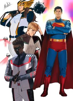 1girl 3boys absurdres black_hair black_jacket boots bowl_cut brown_hair cape dark_skin dc_comics dc_universe_(franchise) fingerless_gloves gloves green_lantern guy_gardner hawkgirl highres holding holding_mace holding_weapon jacket mace mask mister_terrific mugi_(mugit49) multiple_boys orb over_shoulder red_boots red_cape superhero_costume superman superman_(2025) superman_logo weapon weapon_over_shoulder white_background