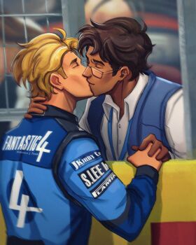 2boys alternate_skin_color alternate_universe bespectacled blonde_hair blue_jumpsuit blue_racing_suit blue_vest blurry blurry_background brown_hair closed_eyes commentary copyright_name couple crossover dark-skinned_male dark_skin english_commentary english_text fantastic_four formula_one glasses hand_on_another's_neck highres holding_hands johnny_storm jumpsuit kiss lanyard marvel multiple_boys peter_parker shirt spider-man_(series) underscorecip upper_body vest white_shirt yaoi