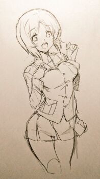 1girl :o arms_up breast_pocket breasts commentary_request cropped_legs girls_und_panzer ikeda_sakura light_blush medium_breasts medium_hair military military_uniform miniskirt monochrome nishizumi_miho ooarai_military_uniform pocket round_teeth sidelocks sketch skirt smile solo teeth thigh_gap upper_teeth_only white_background