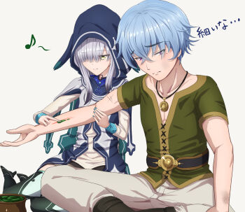Rule 34 | 1boy, 1girl, atelier (series), atelier ryza, atelier ryza 1, blue hair, bos brunnen, brown eyes, closed mouth, commentary request, couple, green shirt, healing, highres, hood, kilo shiness, shirt, simple background, sitting, white hair, witch f