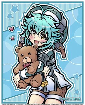 1girl antenna_hair argyle_clothes argyle_thighhighs blue_hair eiyuu_densetsu hat holding holding_stuffed_toy jacket millium_orion open_mouth pinstripe_thighhighs sen_no_kiseki_(series) short_shorts shorts stuffed_animal stuffed_toy thaumana yellow_eyes