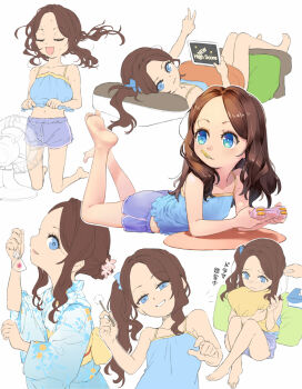 1girl barefoot blue_eyes breasts brown_hair camisole closed_eyes controller crying electric_fan fanning_self fate/grand_order fate_(series) game_controller highres holding holding_controller holding_game_controller imouto_day japanese_clothes kimono leonardo_da_vinci_(fate) leonardo_da_vinci_(fate/grand_order) leonardo_da_vinci_(rider)_(fate) long_hair looking_at_viewer lying mimikaki mouth_hold multiple_views on_stomach open_mouth playing_games rori_chuushin short_shorts shorts side_ponytail sitting small_breasts smile soles toes yukata