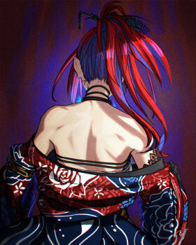 1girl back back_focus bare_shoulders black_gloves blue_fire blue_hair chest_sarashi commentary elbow_gloves elizabeth_rose_bloodflame elizabeth_rose_bloodflame_(new_year) english_commentary fire floral_print floral_print_kimono gloves hair_ornament hair_stick hololive hololive_english japanese_clothes kimono kimono_partially_removed lace lace-trimmed_gloves lace_trim long_hair misteri2908 multicolored_hair off_shoulder official_alternate_costume official_alternate_hairstyle ponytail print_kimono red_hair sarashi solo two-tone_hair upper_body virtual_youtuber