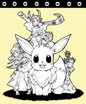 armor blush eevee gen_1_pokemon hand_on_another&#039;s_head hero_(pokemon_conquest) heroine_(pokemon_conquest) japanese_clothes long_hair monochrome nintendo oda_nobunaga oichi_(pokemon_conquest) oichi_(sengoku_musou) pointy_hair pokemon pokemon_conquest raised_fist sengoku_musou smile yellow_background