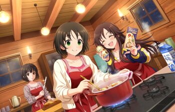 3girls apron black_hair bread brown_hair ceiling_light closed_eyes cooking_pot drink_carton fire food game_cg green_eyes harada_miyo himekawa_yuki holding idolmaster idolmaster_cinderella_girls idolmaster_cinderella_girls_starlight_stage indoors jacket milk_carton multiple_girls official_art open_mouth smile steam stove table takafuji_kako teapot window wooden_wall yellow_eyes