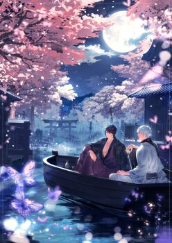 2boys alcohol architecture black_haori boat bridge bug butterfly cherry_blossoms choko_(cup) commentary_request cup east_asian_architecture full_moon g_rribbit gintama hadanugi_dousa haori highres holding holding_cup insect japanese_clothes kimono knee_up looking_at_another male_focus moon multiple_boys night night_sky open_clothes open_kimono outdoors pectorals petals purple_butterfly purple_hair purple_kimono sakata_gintoki sakazuki sake short_hair sitting sky smile takasugi_shinsuke tokkuri torii tree water watercraft white_hair white_kimono