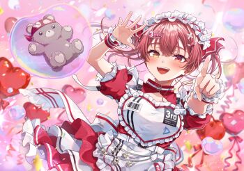Rule 34 | 1girl, absurdres, apron, balloon, blush, commentary request, cowboy shot, dakuryuu, dress, heart balloon, heterochromia, highres, hololive, houshou marine, idol, long hair, maid, maid headdress, open mouth, red dress, red eyes, red hair, solo focus, stuffed animal, stuffed toy, teddy bear, teeth, twintails, upper teeth only, virtual youtuber, white apron, yellow eyes