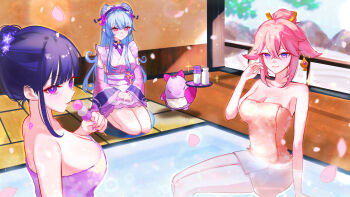 3girls absurdres alternate_hairstyle animal_ears blue_hair breasts cleavage closed_mouth commentary dango detached_sleeves earrings falling_petals food fox_ears genshin_impact hair_between_eyes hand_up highres holding holding_food japanese_clothes jewelry kimono large_breasts long_hair long_sleeves looking_to_the_side mitsudomoe_(shape) multiple_girls naked_towel obi onsen own_hands_together parted_lips petals pink_hair pink_kimono pink_sleeves purple_eyes purple_hair raiden_shogun sanshoku_dango sash seiza sitting sleeveless sleeveless_kimono smile ssamsa0404 tomoe_(symbol) towel very_long_hair wagashi yae_miko yumemizuki_mizuki