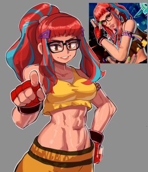 1girl 2024 abs armband blue_hair blunt_bangs breasts brown_eyes clenched_hand collarbone commentary english_commentary fatal_fury fatal_fury:_city_of_the_wolves female_focus fingerless_gloves glasses gloves grey_background grin hair_ornament hairdressing hand_on_own_hip highres large_breasts midriff multicolored_hair multicolored_nails muscular muscular_female nail_polish navel nudiedoodles pink_hair pointing pointing_at_viewer preecha_(fatal_fury) purple_armband red_eyes red_lips simple_background smile snk solo tank_top toned toned_female triangle_hair_ornament two-tone_hair upper_body yellow_tank_top