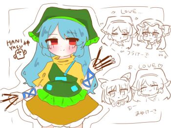 3girls anzu_cha709 apron ascot blonde_hair blue_hair blush blush_stickers closed_mouth collared_shirt flandre_scarlet frown green_apron green_headscarf hair_between_eyes haniyasushin_keiki hat headscarf heart holding joutouguu_mayumi long_hair mob_cap multiple_girls orange_skirt parted_bangs red_eyes shirt short_hair skirt smile sweatdrop touhou translated white_hat yellow_shirt yuri