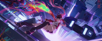 1girl absurdres artist_logo asymmetrical_footwear baseball_cap belt black_hat black_nails black_shorts boots breasts cropped_jacket falling feet fishnet_top fishnets floating_hair glitch green_eyes grin hand_on_headwear hat highres honkai:_star_rail honkai_(series) horned_hat jacket large_breasts logo looking_at_viewer midair missing_commentary multicolored_hair nail_polish navel open-toe_boots open_clothes open_jacket outstretched_arm pink_hair rain_sama rappa_(honkai:_star_rail) red_jacket shirt shorts smile solo stomach streaked_hair thighs tied_shirt toes undershirt white_belt white_shirt