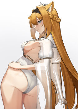 1girl animal_ear_fluff animal_ears aoi_wakashi_chiyo arknights ass black_hairband blonde_hair blue_eyes blush braid breasts closed_mouth commentary_request cowboy_shot flower hairband highres horn_(arknights) horn_(to_effloresce_whitely)_(arknights) large_breasts long_hair looking_at_viewer looking_back official_alternate_costume one-piece_swimsuit sideboob simple_background solo swimsuit very_long_hair white_background white_flower white_one-piece_swimsuit wolf_ears wolf_girl