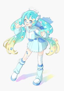 1girl alternate_costume aqua_hair blue_eyes blue_jacket blue_leg_warmers blue_skirt commentary_request cute_x_subculture_hatsune_miku_design_contest fashion fukarina full_body halo hatsune_miku highres jacket leg_warmers long_hair looking_at_viewer melting_halo open_mouth shoes simple_background skirt smile solo standing tenshi_kaiwai too_many_hair_ornaments twintails very_long_hair vocaloid white_background white_shoes