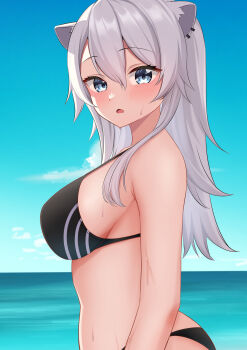1girl absurdres animal_ear_piercing animal_ears armpit_crease bikini black_bikini blue_background blue_eyes blue_sky blush breasts cloud commentary_request day from_side grey_hair hair_between_eyes highres hololive large_breasts lion_ears lion_girl long_hair looking_at_viewer ocean open_mouth outdoors ramkilog shishiro_botan sideboob sidelocks sky solo swimsuit upper_body virtual_youtuber wet