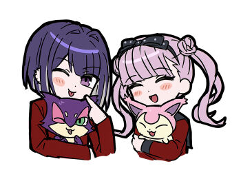 Rule 34 | 1boy, 1girl, animal, black hairband, blush, brother and sister, closed eyes, crossover, double bun, ear piercing, gen 3 pokemon, gen 5 pokemon, hair bun, hairband, holding, holding animal, nintendo, one eye closed, piercing, pink hair, pokemon, pokemon (creature), purple hair, purrloin, red shirt, school uniform, shirt, siblings, skitty, sumi ringo, the hundred line -last defense academy-, tsukumo ima, tsukumo kako, twins, white background
