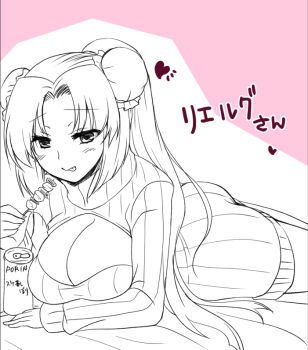 1girl :p beer_can blush breasts bun_cover can cleavage cleavage_cutout clothing_cutout commentary_request curtained_hair double_bun dress drink_can greyscale_with_colored_background hair_bun large_breasts long_hair looking_at_viewer masaya_ichika ragnarok_masters ragnarok_online solo sweater sweater_dress tongue tongue_out