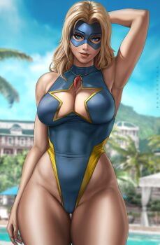1girl absurdres amulet arm_behind_head armpits blonde_blazer blonde_hair blue_eyes blue_one-piece_swimsuit blurry blurry_background breasts cameltoe cleavage_cutout clothing_cutout commentary covered_navel dandon_fuga dispatch english_commentary eye_mask gold_trim highleg highleg_one-piece_swimsuit highres jewelry large_breasts mask necklace official_alternate_costume one-piece_swimsuit pool solo star_cutout swimsuit thigh_gap thighs toned toned_female