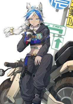 Rule 34 | 1girl, :/, absurdres, animal ears, antenna hair, arclight (arknights), arknights, arknights: endfield, baggy pants, black jacket, black pants, black shoes, blue eyes, blue hair, blurry, blurry background, braid, bright pupils, closed mouth, commentary, cropped jacket, cup, dark-skinned female, dark skin, disposable cup, drinking straw, drinking straw in mouth, ear piercing, earclip, floating hair, foot out of frame, gloves, grey hair, hand up, highres, holding, holding cup, hood, hood down, hooded jacket, jacket, long hair, long sleeves, looking at viewer, midriff, motor vehicle, motorcycle, multicolored eyes, multicolored hair, navel, on motorcycle, pants, piercing, regit etihw, ringed eyes, road sign, shoes, side braid, sign, single glove, sitting, solo, stomach, straight-on, toned, toned female, twin braids, twintails, two-tone eyes, two-tone hair, white pupils, yellow eyes