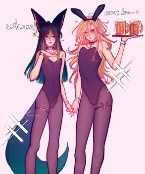 Rule 34 | 2boys, absurdres, aether (genshin impact), alternate costume, androgynous, animal ear fluff, animal ear hairband, animal ears, beer mug, black hair, blonde hair, blush, covered navel, cup, earrings, english text, fake animal ears, feet out of frame, fox boy, fox ears, fox tail, genshin impact, green eyes, green hair, hairband, hand on own chest, highres, jewelry, long hair, male focus, male playboy bunny, mewmewti, mug, multicolored hair, multiple boys, parted lips, sidelocks, single earring, sparkle, streaked hair, tail, tighnari (genshin impact), white background, yellow eyes