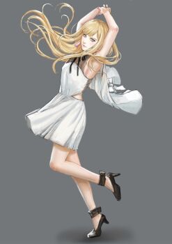 1girl black_shoes blonde_hair blue_eyes blunt_bangs dress floating_hair full_body gigi_andalusia gundam gundam_hathaway's_flash hands_up hashtag-only_commentary high_heels highres long_hair nekkikamille shoes smile solo white_dress