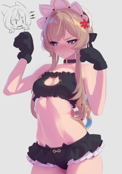 1girl absurdres anger_vein anonds31 bare_shoulders black_gloves blue_eyes blush bra breasts brown_hair cat_cutout cat_ear_panties cat_lingerie cleavage cleavage_cutout clothing_cutout collar embarrassed frilled_bra frills genshin_impact gloves headdress highres long_hair medium_breasts navel panties sandrone_(genshin_impact) sidelocks solo underwear white_headdress