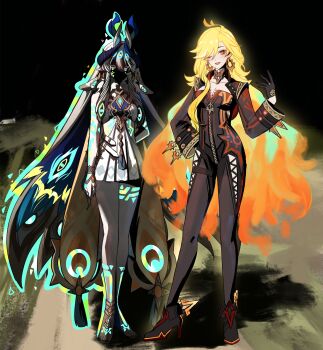 2girls absurdres ahoge angry antenna_hair arm_behind_back artist_self-insert bare_arms bare_legs bare_shoulders biker_clothes bikesuit black_gloves black_suit blonde_hair blurry blurry_background bodysuit breasts chinese_commentary cleavage clenched_hand collarbone commission commissioner_insert couple dress earrings fire formal_clothes genshin_impact gloves glowing glowing_eyes glowing_hair glowing_tattoo gradient_hair grass hair_between_eyes hand_on_own_hip head_tilt headpiece high_heels highres horns huge_ahoge jewelry large_breasts leg_tattoo long_hair long_sleeves looking_at_viewer mavuika_(genshin_impact) meme multicolored_hair multiple_girls muyingzi976 night no_mouth one_eye_closed open_mouth orange_eyes original outdoors partially_unzipped pendant pointy_ears shade shaded_face shadow sky standing suit tattoo thighs wavy_hair white_dress why_dis_ninja_look_so_mad_(meme) wide_sleeves yuri