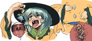 2girls belly buttons dangling_arms fairy hands_on_own_hips hanging_legs hat komeiji_koishi multiple_girls saliva touhou vore wings