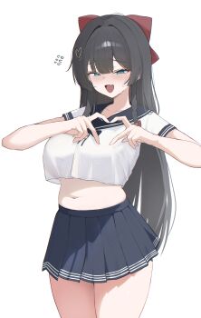 1girl :d absurdres black_hair black_sailor_collar blue_eyes blue_skirt blush bow braid breasts center-flap_bangs commentary cowboy_shot crop_top crop_top_overhang cropped_shirt double-parted_bangs fang gamble_0 hair_bow hair_ornament half-closed_eyes hands_up heart heart_hair_ornament heart_hands highres korean_commentary large_breasts long_hair looking_at_viewer miniskirt navel open_mouth pleated_skirt plump raised_inner_eyebrows red_bow sailor_collar school_uniform serafuku shirayuki_hina shirt short_sleeves simple_background skin_fang skirt smile solo standing stellive stomach straight_hair sweat underboob very_long_hair virtual_youtuber white_background white_shirt