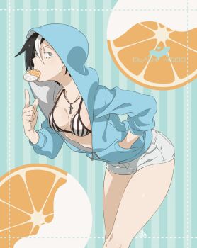 1girl artist_name black_hair breasts commentary_request cross cross_necklace food food_in_mouth fruit hand_in_pocket highres hood hood_up iwado_anna jewelry kamezaemon multicolored_hair necklace orange_(fruit) orange_slice original solo streaked_hair