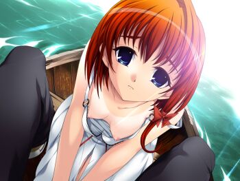 Rule 34 | 10s, 1girl, aojiru, blue eyes, boat, breasts, downblouse, dress, dutch angle, extended downblouse, female focus, game cg, hongou ai, kowaku no toki, medium breasts, nipple slip, nipples, no bra, pov, red hair, short hair, sitting, solo, strap slip, sundress, tan, tanline, water, watercraft