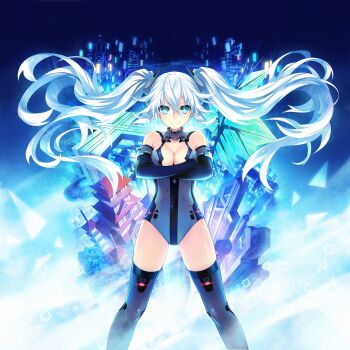 >:) 10s 1girl aqua_eyes bare_shoulders black_gloves black_heart_(neptunia) bodysuit breasts building chou_megami_shinkou_noire_gekishin_black_heart circle cityscape cleavage cleavage_cutout clothing_cutout crossed_arms elbow_gloves female_focus floating_hair gloves glowing grey_thighhighs gunbuster_pose hair_between_eyes halterneck highres kami_jigen_game_neptune_v leotard light_particles light_smile long_hair looking_at_viewer magical_girl medium_breasts neptune_(series) noire_(neptunia) official_art playstation_symbols power_symbol power_symbol-shaped_pupils skyscraper smile solo square standing symbol-shaped_pupils thighhighs triangle tsunako turtleneck twintails v-shaped_eyebrows very_long_hair white_hair