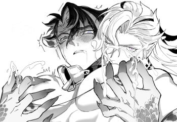 2boys animal_ears bell blush collar commentary cow_boy cow_ears dragon_boy drooling eyelashes fingernails genshin_impact groping hair_behind_ear hands_on_another&#039;s_chest lactation large_pectorals male_focus male_lactation multicolored_hair multiple_boys neck_bell neuvillette_(genshin_impact) open_mouth pectorals pointy_ears projectile_lactation puffy_nipples scales scar scar_on_shoulder sharp_fingernails slit_pupils streaked_hair symbol-only_commentary tears teeth upper_teeth_only wriothesley_(genshin_impact) yao_chun yaoi