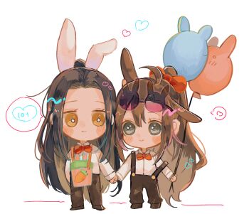 2boys ahoge alternate_costume amana_raika animal_balloon animal_ears ball balloon black_hair black_pants black_shoes blush blush_stickers bottle bow bowtie brown_hair chibi chibi_only closed_mouth collared_shirt contemporary couple eyewear_on_head fake_animal_ears full_body grey_eyes hair_bow hair_ornament heart highres holding holding_ball holding_balloon holding_hands lan_wangji long_hair long_sleeves looking_at_another male_focus modao_zushi multiple_boys pants ponytail rabbit_ears red_bow red_bowtie shirt shoes sidelocks simple_background smile speech_bubble spoken_heart standing sunglasses suspenders water_bottle wei_wuxian white_background white_shirt yaoi yellow_eyes