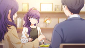 Rule 34 | 1boy, 2girls, asahina mafuyu, asahina mafuyu's father, asahina mafuyu's mother, black shirt, blue eyes, blue sweater, blurry, blurry foreground, bokeh, book, bookshelf, bouquet, bowl, cardigan, chair, chopsticks, closed mouth, collarbone, collared shirt, colorful palette, curly sidelocks, depth of field, dinner, expressionless, facing away, family, father and daughter, flower, food, food request, game cg, glasses, hair ornament, hair scrunchie, high ponytail, highres, holding, holding bowl, holding chopsticks, husband and wife, long hair, long sleeves, looking at viewer, mature female, mature male, medium hair, mother and daughter, multicolored eyes, multiple girls, official art, on chair, open cardigan, open clothes, open mouth, orange scrunchie, picture frame, ponytail, project sekai, purple eyes, purple hair, ribbed cardigan, rice, rice bowl, scrunchie, shelf, shirt, short hair, sitting, soshite hari wa ugokidasu (project sekai), sweater, table, third-party source, two-tone eyes, upper body, very short hair, white cardigan, white shirt, yellow cardigan