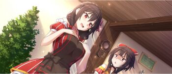 2girls analog_clock apron bare_shoulders blush bow braid breast_envy breasts brown_apron brown_hair clock crown_braid dress game_cg hair_bow hands_on_own_chest highres indoors kono_subarashii_sekai_ni_shukufuku_wo! konosuba!_fantastic_days large_bow large_breasts medium_hair megumin multiple_girls official_art open_mouth pinstripe_dress pinstripe_pattern red_bow red_dress red_eyes shaded_face short_hair_with_long_locks short_sleeves sparkle third-party_source triangle_mouth wall_clock wooden_ceiling yunyun_(konosuba)