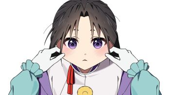 1boy 2boys :< black_hair blue_kimono blush cheek_pull commentary_request curtained_hair frilled_sleeves frills from_above fubuki_(nige_jouzu_no_wakagimi) gloves highres houjou_tokiyuki_(nige_jouzu_no_wakagimi) japanese_clothes kariginu kimono korean_commentary long_hair long_sleeves looking_at_viewer male_focus multiple_boys nige_jouzu_no_wakagimi nigewaka_whobu open_mouth out_of_frame parted_bangs ponytail puffy_long_sleeves puffy_sleeves purple_eyes purple_kimono red_ribbon ribbon sidelocks_tied_back simple_background white_background white_gloves