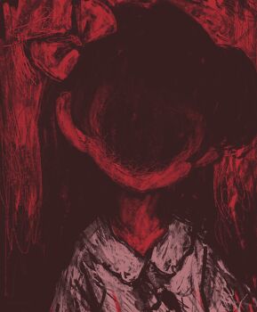 1girl bow close-up commentary_request faceless gestart333 hair_bow horror_(theme) monochrome original parted_bangs red_theme shirt solo upper_body