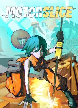 Rule 34 | 1girl, aqua eyes, aqua hair, black gloves, chainsaw, copyright name, fingerless gloves, freckles, gloves, highres, holding, holding chainsaw, jumpsuit, looking at viewer, motorslice, one-eyed, orange jumpsuit, orbie, p (motorslice), potassiumhere, robot, short hair, sleeveless jumpsuit, turtleneck jumpsuit