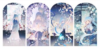 2girls absurdres age_progression aged_down arm_guards armor arms_up artist_name ayaka_(genshin_impact) back_bow ball black_bridal_gauntlets blue_bow blue_eyes blue_hair blue_hakama blue_kimono blue_ribbon blue_skirt blunt_bangs blunt_tresses border bow box bridal_gauntlets camellia cherry_blossoms chinese_commentary closed_eyes closed_mouth column_lineup commission cosmetics covered_mouth cowboy_shot different_reflection falling_petals feet_out_of_frame flower flower_knot folded_fan folding_fan folding_screen from_behind full_body genshin_impact hair_ornament hair_over_shoulder hair_ribbon hakama hand_fan hands_on_another&#039;s_shoulders highres holding holding_ball holding_fan holding_hair_ornament holding_sword holding_weapon jacket japanese_armor japanese_clothes kamisato_clan_(emblem) kamisato_kayo kimono kote long_hair long_sleeves looking_at_mirror looking_at_viewer looking_back low-tied_sidelocks low_side_ponytail mirror mojieovo mole mole_under_eye moon_phases mother_and_daughter multiple_girls multiple_views open_door pansy petals pink_ribbon plant plum_blossoms ponytail print_skirt reflection ribbon serious short-sleeved_jacket short_sleeves shouji sidelocks skirt sliding_doors smile solo_focus sparkle standing sword table tassel tasuki temari_ball tress_ribbon upper_body vanity_table very_long_hair vision_(genshin_impact) weapon white_border white_flower white_hakama white_jacket white_kimono wide_sleeves wooden_floor