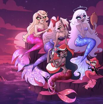 Rule 34 | 5girls, absurdres, alastorsart, bare shoulders, blonde hair, blue eyes, bra, breasts, charlie morningstar, colored sclera, cyclops, earrings, emily (hazbin hotel), eyepatch, female focus, flat chest, full body, hazbin hotel, hellaverse, highres, jewelry, lips, long hair, looking at viewer, medium breasts, merfolk, mermaid, mirror, monster girl, multicolored hair, multiple girls, narrow waist, navel, niffty (hazbin hotel), one-eyed, ponytail, red eyes, red hair, red sclera, sharp teeth, short hair, skull earrings, teeth, underwear, vaggie, velvette (hazbin hotel), white eyes, white hair, yellow sclera