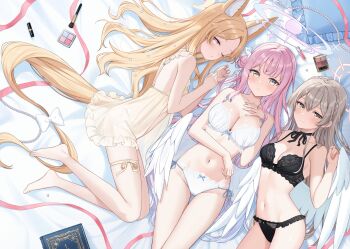 3girls absurdres angel_wings animal_ear_fluff animal_ears bare_arms bare_shoulders barefoot black_bra black_panties blonde_hair blue_archive blush bra braid breasts cleavage closed_mouth commentary_request crown_braid feathered_wings forehead fox_ears fox_girl fox_tail hair_between_eyes hair_bun hair_ornament hair_scrunchie halo highres large_breasts lying mika_(blue_archive) mochiko_(uyu_omochi) multiple_girls nagisa_(blue_archive) navel nightgown on_back on_bed on_side panties pink_eyes pink_hair purple_halo scrunchie seia_(blue_archive) sidelocks single_side_bun small_breasts stomach tail tea_party_(blue_archive) underwear underwear_only white_bra white_panties white_scrunchie white_wings wings yellow_eyes yellow_halo yellow_nightgown