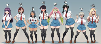 6+girls absurdres arms_behind_back ayase_momo between_breasts black_eyes black_hair black_thighhighs blonde_hair blue_eyes blue_skirt blunt_bangs blush bob_cut breasts brown_eyes brown_hair brown_shoes dandadan dark-skinned_female dark_skin double_v fern_(sousou_no_frieren) green_eyes green_hair grey_hair hair_ornament hairband hairclip hand_on_own_cheek hand_on_own_face hand_on_own_hip hand_up hands_on_own_hips highres huge_breasts ijiranaide_nagatoro-san kanroji_mitsuri kimetsu_no_yaiba kitagawa_marin kogeikun komi-san_wa_komyushou_desu komi_shouko large_breasts lineup long_hair looking_at_viewer medium_breasts medium_hair multiple_girls nagatoro_hayase necktie numbered open_mouth own_hands_together parted_lips partially_unbuttoned pear-shaped_figure pink_hair pleated_skirt purple_eyes purple_hair red_eyes red_necktie school_uniform shadow shirt shirt_tucked_in shoes short_hair short_sleeves sidelocks skirt smile sono_bisque_doll_wa_koi_wo_suru sousou_no_frieren spy_x_family sweatdrop thick_thighs thighhighs thighs uzaki-chan_wa_asobitai! uzaki_hana v waving white_hairband white_shirt yor_briar zettai_ryouiki