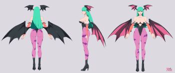 1girl a-pose absurdres animal_print aqua_eyes aqua_hair artist_logo artist_name ass bat_print bat_wings black_boots black_leotard blunt_bangs blunt_ends boots breasts cleavage closed_mouth clothing_cutout commentary commission cutout_above_navel darkstalkers demon_girl detached_sleeves from_behind from_side full_body grey_background head_wings heart_cutout high_heel_boots high_heels highleg highleg_leotard highres large_breasts leotard logo long_hair looking_ahead morrigan_aensland multiple_views open_hands orange_sleeves pantyhose pink_lips pixiv_commission print_pantyhose purple_pantyhose r3dfive reference_sheet sideboob simple_background standing straight-on thighs turnaround wings