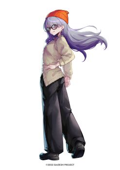 Rule 34 | + +, 1girl, :p, absurdres, ass, beanie, black-framed eyewear, black pants, black shoes, bracelet, brown jacket, commentary request, earrings, floating hair, full body, fur jacket, glasses, glint, grey hair, hair between eyes, hand on own hip, hat, highres, jacket, jewelry, long hair, looking at viewer, looking back, orange hat, original, osisio, pants, purple eyes, ring, shoe soles, shoes, simple background, solo, standing, tongue, tongue out, very long hair, white background