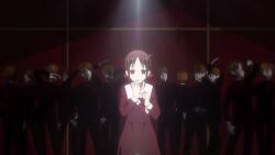 1boy 1girl animated anime_screenshot audible_speech black_hair blonde_hair blue_eyes blush chef closed_eyes english_audio food hair_ribbon hands_on_own_face heart highres kaguya-sama_wa_kokurasetai_~tensai-tachi_no_renai_zunousen~ legs nervous open_mouth pie red_eyes ribbon school_uniform shinomiya_kaguya shirogane_miyuki skating smile sound tagme tears thighs video