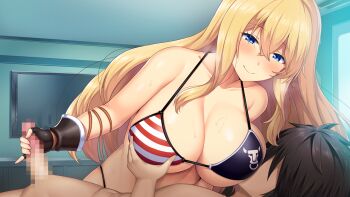 1boy 1girl aldebaran_(escalation_heroines) bare_shoulders bikini blonde_hair blue_eyes breasts choukou_(alicesoft) choukou_taisen_escalation_heroines cleavage fingerless_gloves game_cg gloves grabbing_another&#039;s_breast groping handjob horosuke ikusabe_tokisada long_hair mismatched_bikini nursing_handjob smile swimsuit