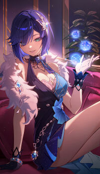 1girl bare_shoulders black_gloves blue_dress blue_eyes blue_hair breasts chinese_commentary cleavage commentary_request couch dice dress earrings eyes_visible_through_hair feather_boa genshin_impact gloves hair_ornament hair_over_one_eye halter_dress halterneck hand_up highres indoors jewelry large_breasts mole mole_on_breast night official_alternate_costume on_couch parted_lips short_hair single_glove sitting smile solo sucui_qiuqiu thighs yelan_(genshin_impact) yelan_(tranquil_banquet)_(genshin_impact)