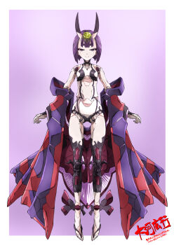 1girl breasts commentary_request fate/grand_order fate_(series) full_body headpiece highres horns joints looking_at_viewer mecha_musume mechanization oni purple_eyes purple_hair robot_joints short_hair shuten_douji_(fate) small_breasts smile solo straight-on taiga_hiroyuki